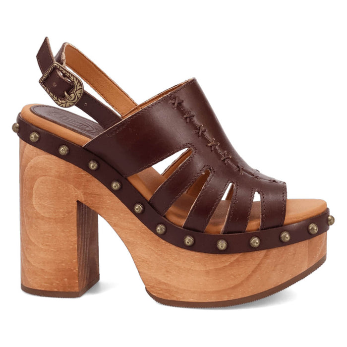 Dingo Womens Gema Wooden Brown Leather Stud Sandals Shoes