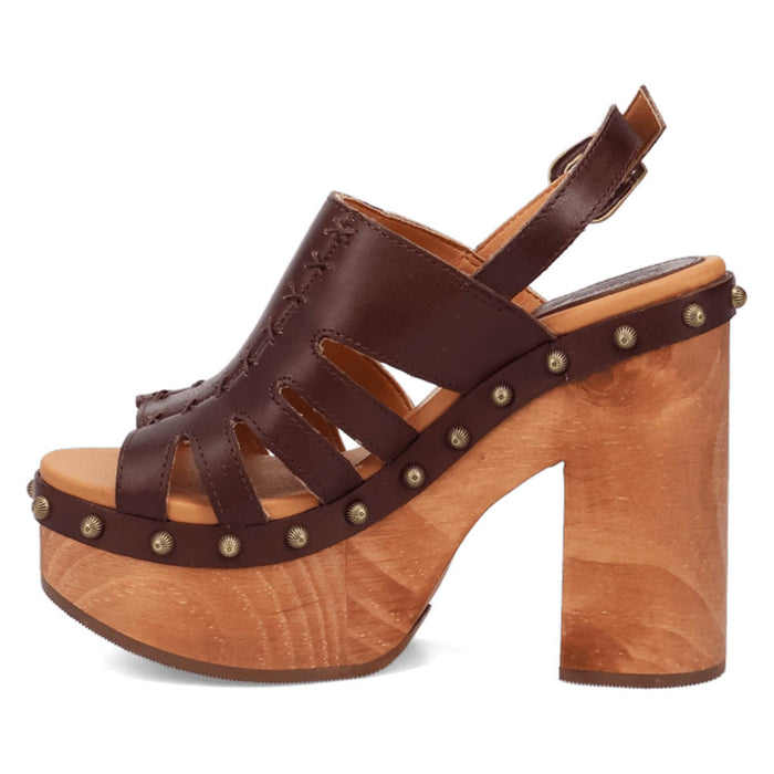 Dingo Womens Gema Wooden Brown Leather Stud Sandals Shoes