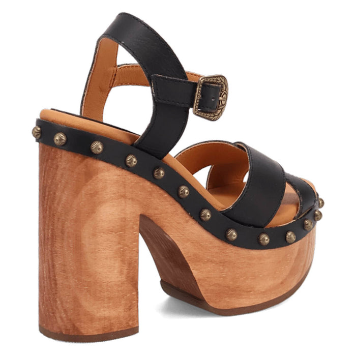 Dingo Womens Lotus Wooden Black Leather Stud Sandals Shoes
