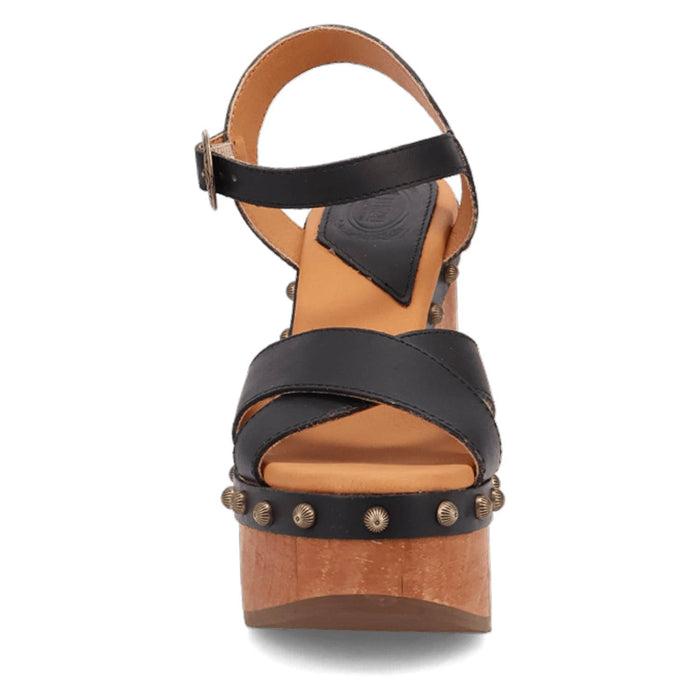 Dingo Womens Lotus Wooden Black Leather Stud Sandals Shoes