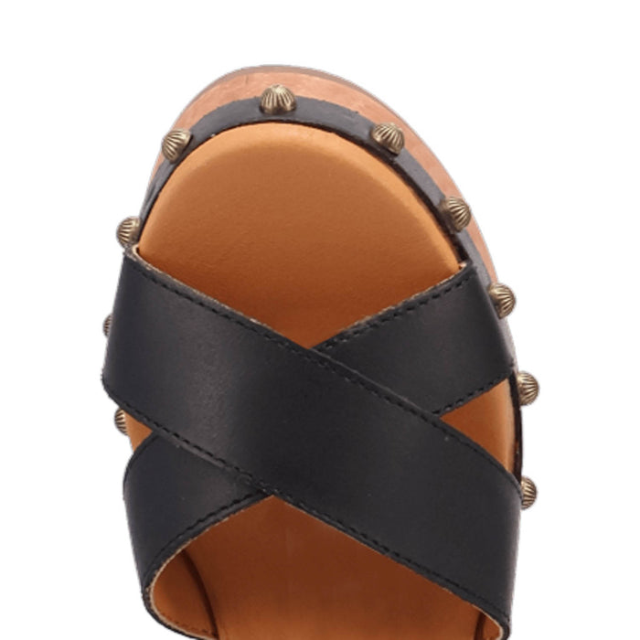 Dingo Womens Lotus Wooden Black Leather Stud Sandals Shoes