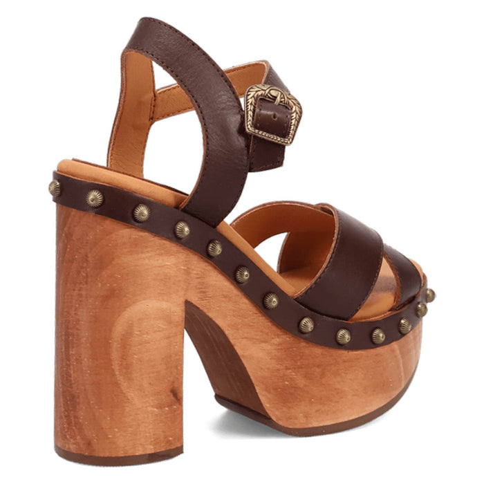 Dingo Womens Lotus Wooden Brown Leather Stud Sandals Shoes
