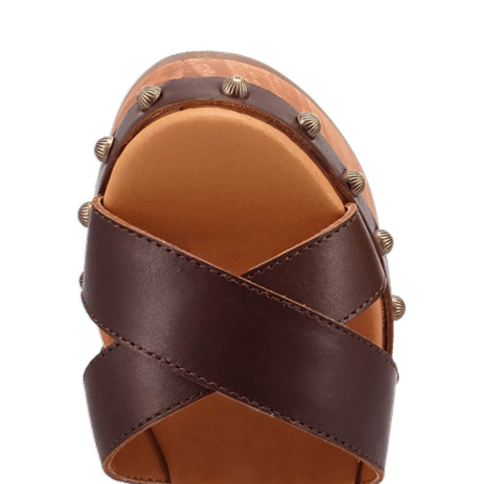 Dingo Womens Lotus Wooden Brown Leather Stud Sandals Shoes