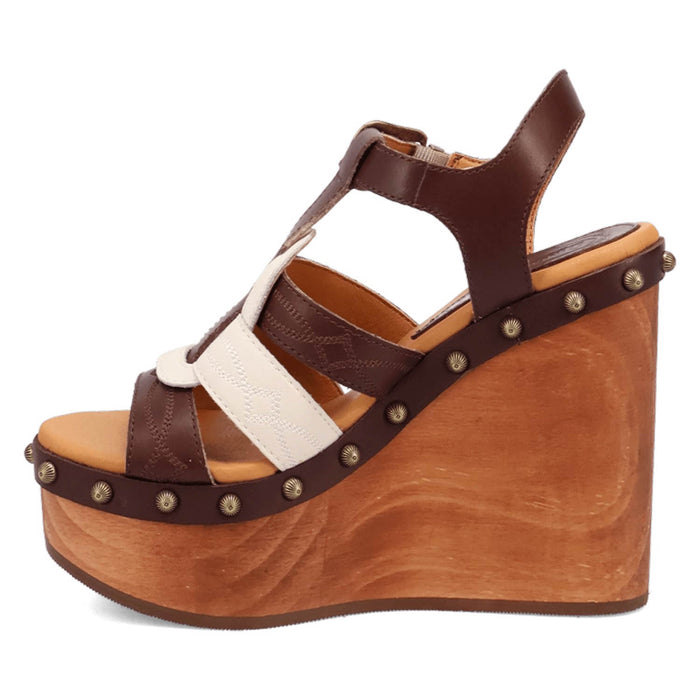 Dingo Womens Cosmo Wooden Brown Leather Stud Sandals Shoes
