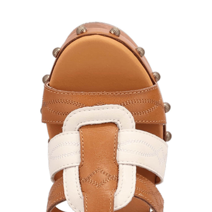 Dingo Womens Cosmo Wooden Tan Leather Stud Sandals Shoes