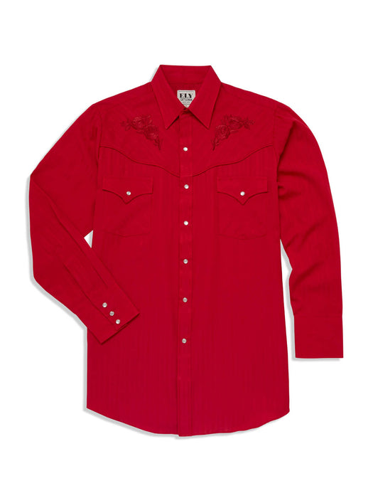 Ely and Walker Mens Tonal Rose Embroidery Red Poly/Cotton L/S Shirt