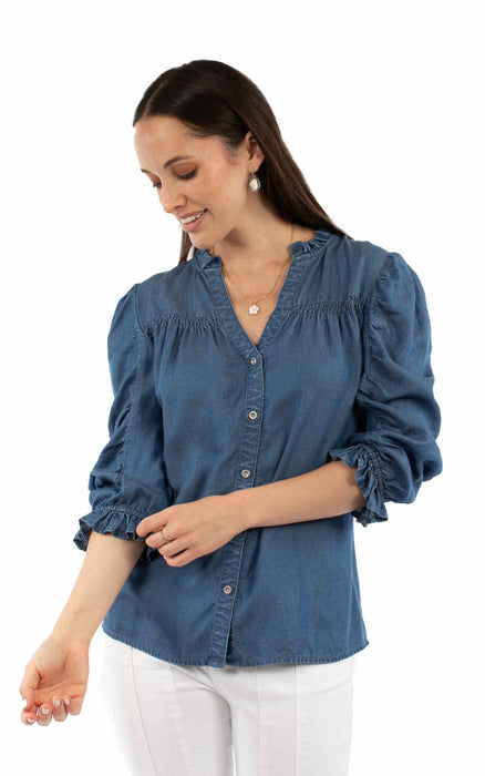 Scully Womens V-neck Ruffle Detail Blue Lyocell 3/4 Sleeve S/S Blouse