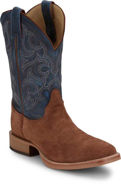 Justin Mens Fergus 11in Roughout Golden Oak/Blue Leather Bent Rail Cowboy Boots
