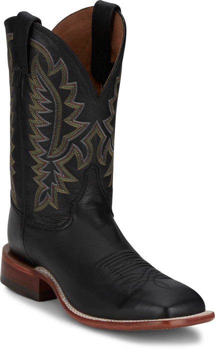 Justin Mens Poston 11in Western Jet Black Leather Bent Rail Cowboy Boots