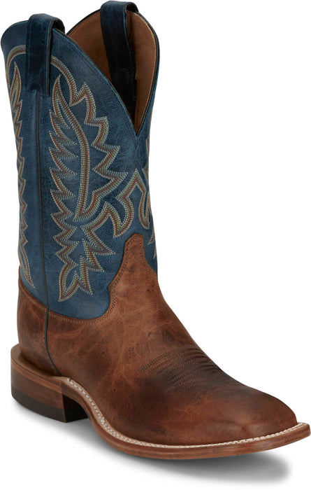 Justin Mens Poston 11in Western Amber/Blue Leather Bent Rail Cowboy Boots