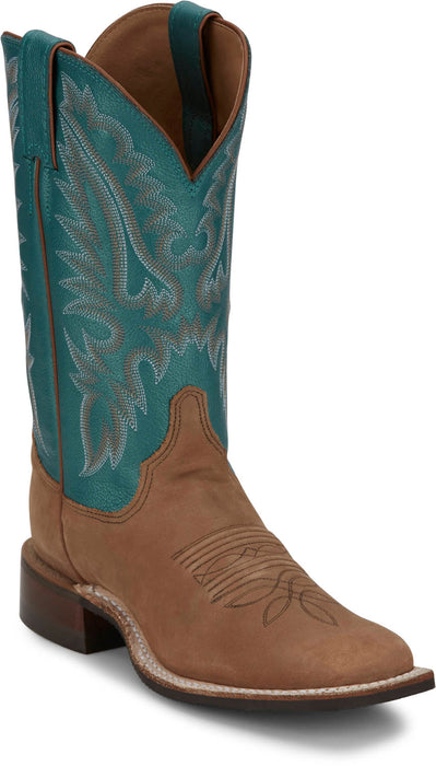 Justin Womens Shay 11in Western Tan/Turquoise Leather Bent Rail Cowboy Boots