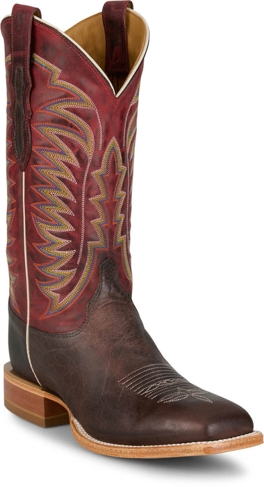 Justin Mens Burchett 13in Western Chocolate/Red Goat Leather CPX Cowboy Boots