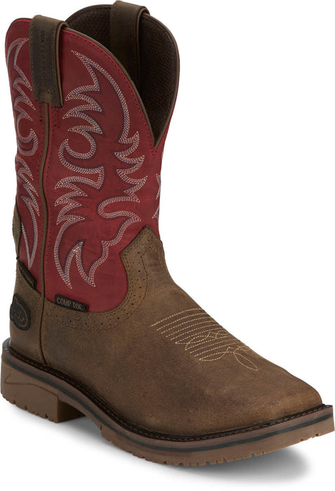 Justin Mens Thorn 11in MetGuard WP CT Peanut/Red Leather Work Boots