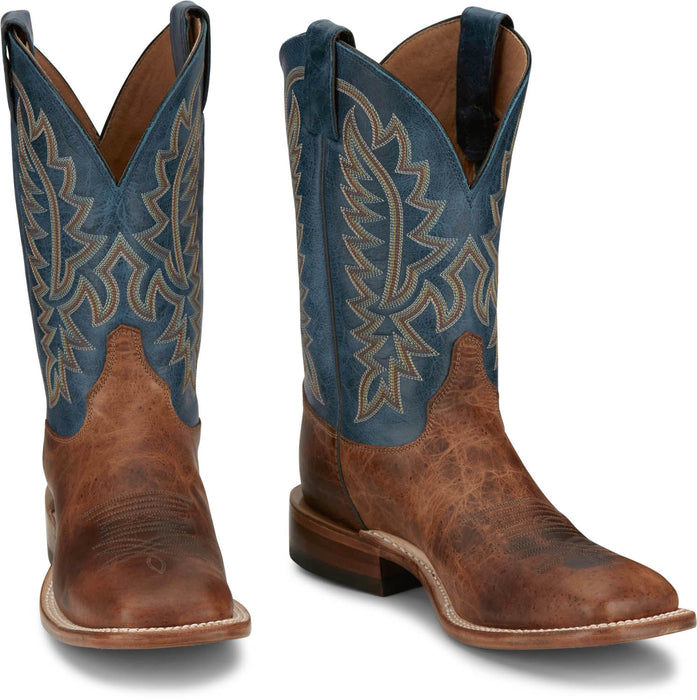 Justin Mens Poston 11in Western Amber/Blue Leather Bent Rail Cowboy Boots