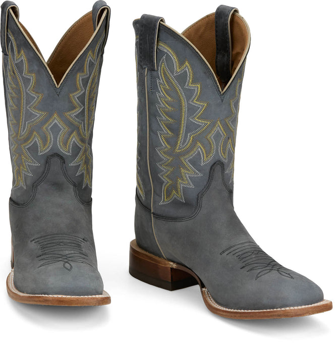 Justin Mens Rancho 11in Western Weathered Grey Leather Bent Rail Cowboy Boots