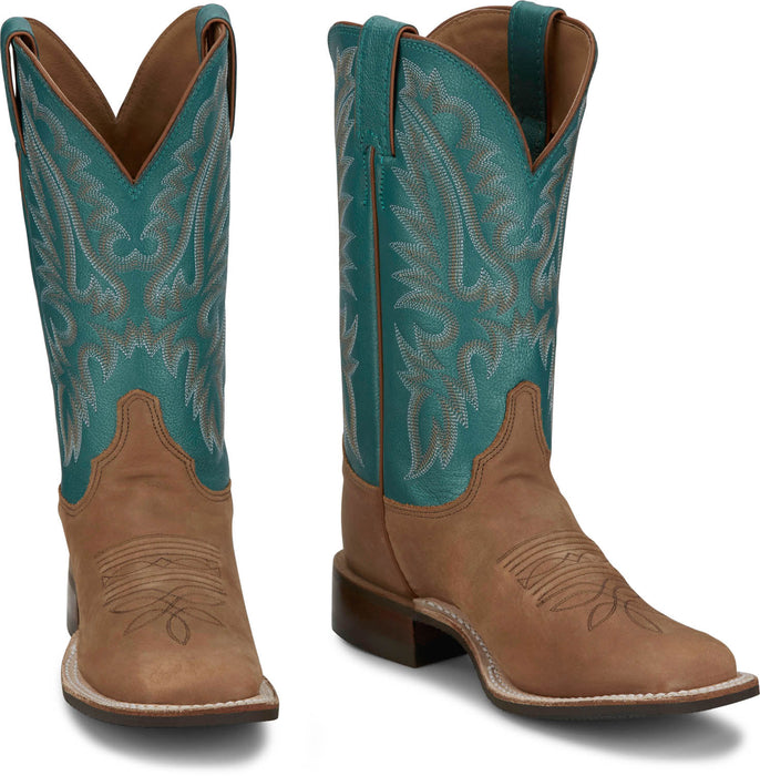 Justin Womens Shay 11in Western Tan/Turquoise Leather Bent Rail Cowboy Boots