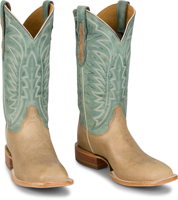 Justin Mens Burchett 13in Western Bone/Aqua Goat Leather CPX Cowboy Boots