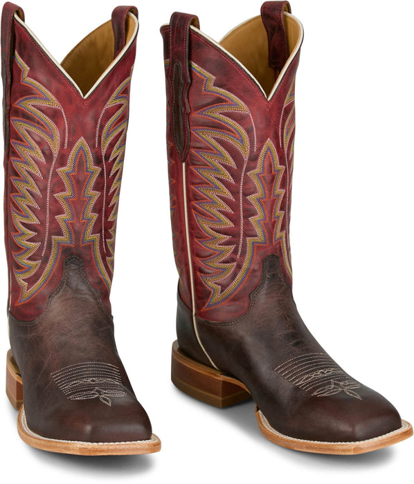 Justin Mens Burchett 13in Western Chocolate/Red Goat Leather CPX Cowboy Boots