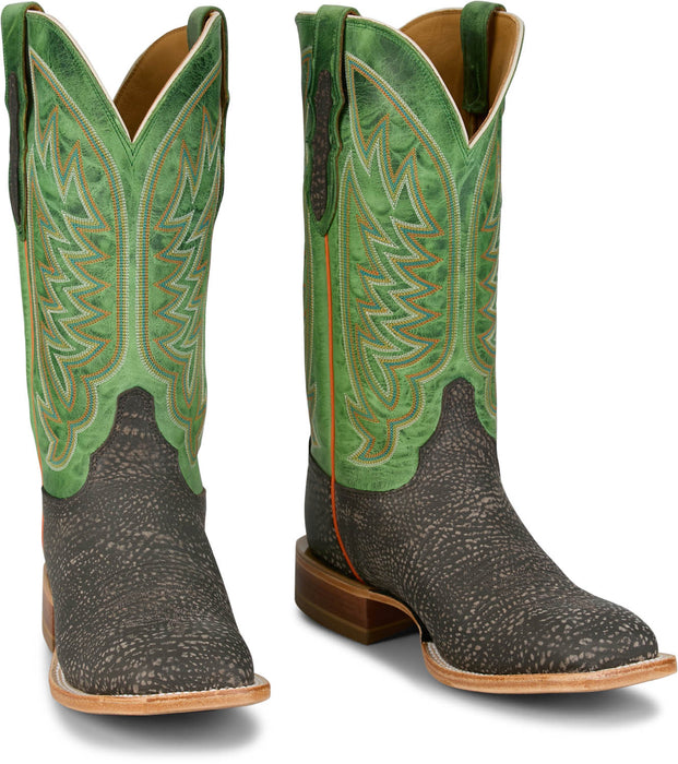 Justin Mens Cowman 13in Shrunken Shoulder Chocolate/Green Leather Cowboy Boots