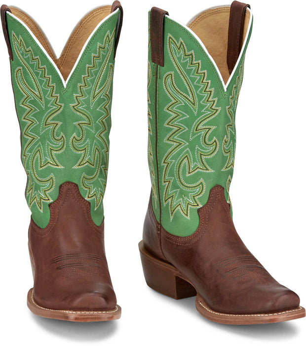 Justin Mens Show Off 13in Western Green/Bay Leather Frontier Cowboy Boots