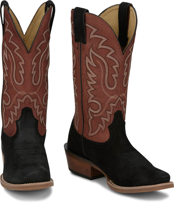 Justin Mens Cowboy Town 13in Western Onyx/Red Suede Frontier Cowboy Boots