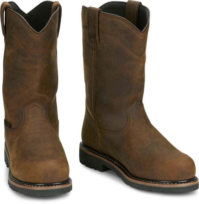 Justin Mens Pulley 11in WP CT MetGuard Whiskey Leather Work Boots