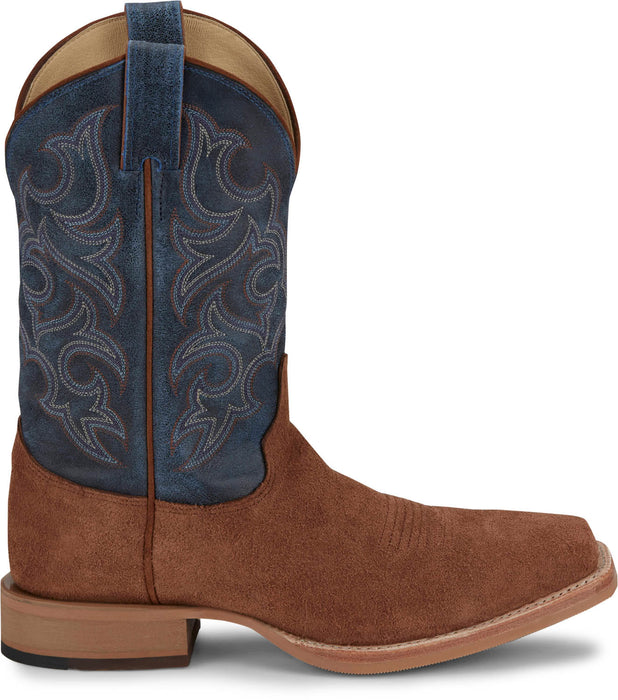 Justin Mens Fergus 11in Roughout Golden Oak/Blue Leather Bent Rail Cowboy Boots