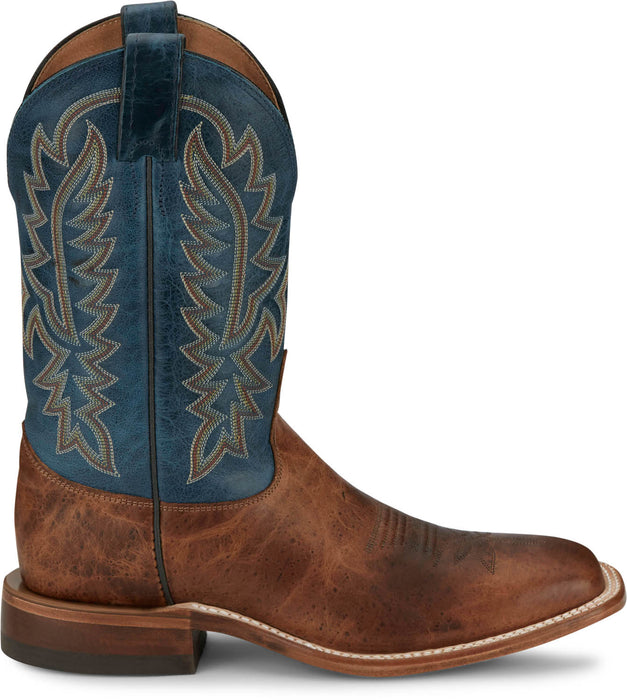 Justin Mens Poston 11in Western Amber/Blue Leather Bent Rail Cowboy Boots