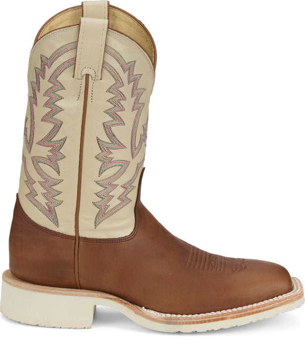 Justin Mens Trainor 11in Western Caramel/Off-White Leather Cowboy Boots
