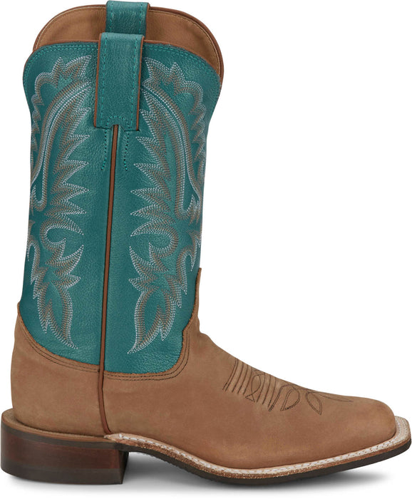 Justin Womens Shay 11in Western Tan/Turquoise Leather Bent Rail Cowboy Boots