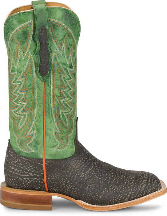 Justin Mens Cowman 13in Shrunken Shoulder Chocolate/Green Leather Cowboy Boots