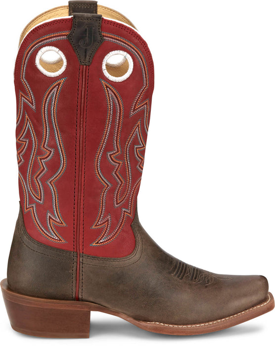 Justin Mens Ante Up 13in Western Hickory/Red Leather Frontier Cowboy Boots