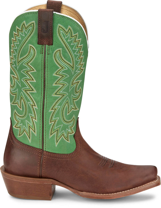 Justin Mens Show Off 13in Western Green/Bay Leather Frontier Cowboy Boots
