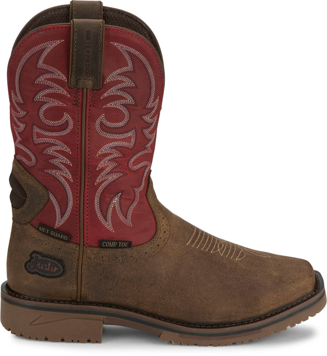 Justin Mens Thorn 11in MetGuard WP CT Peanut/Red Leather Work Boots