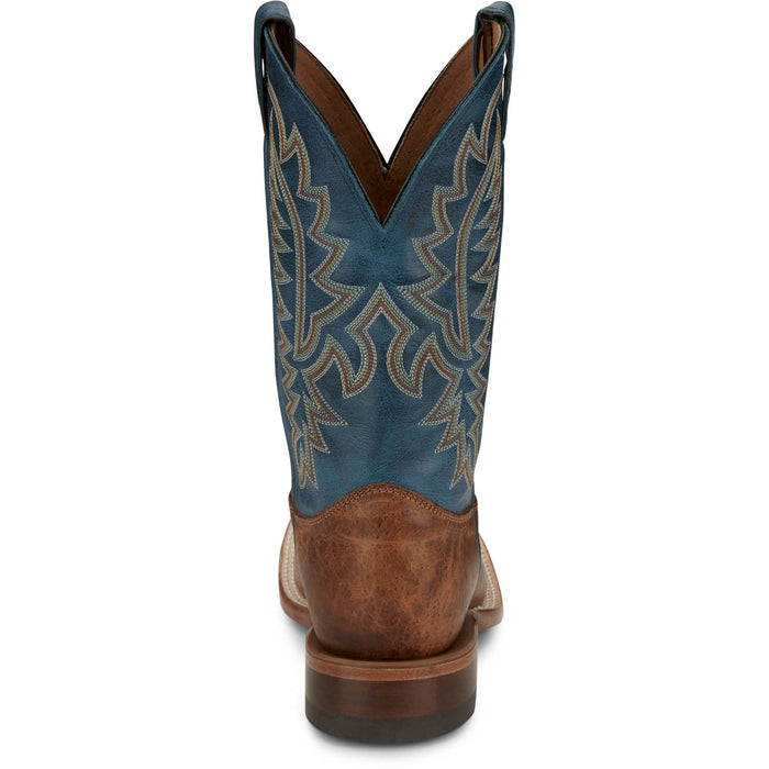 Justin Mens Poston 11in Western Amber/Blue Leather Bent Rail Cowboy Boots