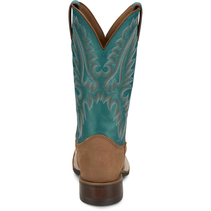 Justin Womens Shay 11in Western Tan/Turquoise Leather Bent Rail Cowboy Boots