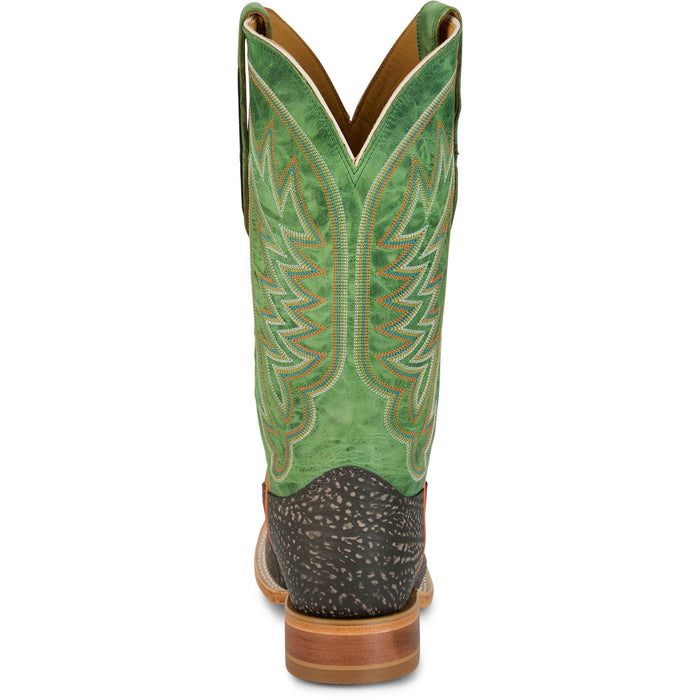 Justin Mens Cowman 13in Shrunken Shoulder Chocolate/Green Leather Cowboy Boots