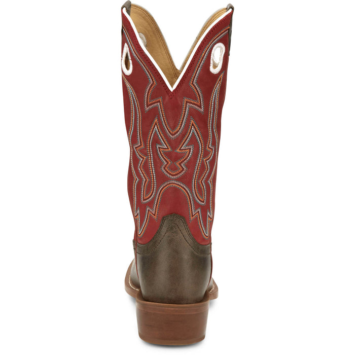 Justin Mens Ante Up 13in Western Hickory/Red Leather Frontier Cowboy Boots