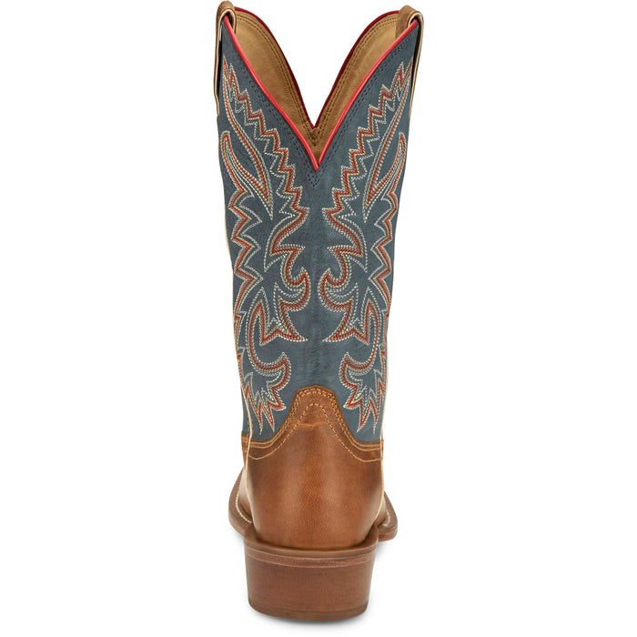 Justin Mens Show Off 13in Western Blue/Oily Tan Leather Frontier Cowboy Boots