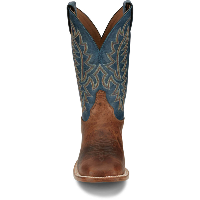 Justin Mens Poston 11in Western Amber/Blue Leather Bent Rail Cowboy Boots