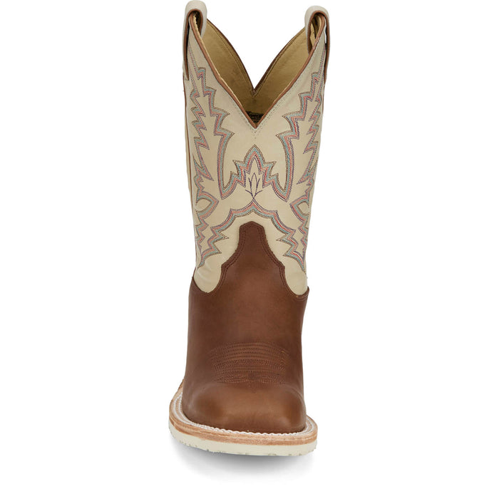 Justin Mens Trainor 11in Western Caramel/Off-White Leather Cowboy Boots