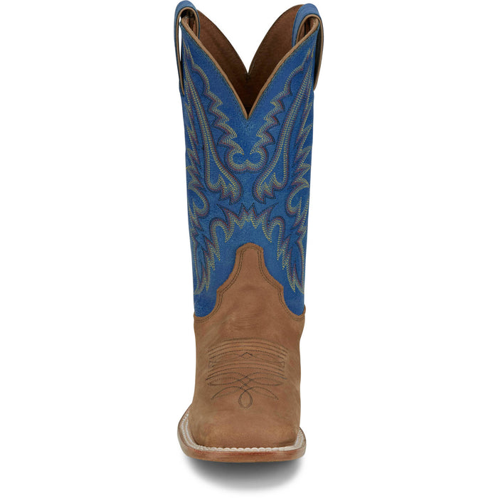 Justin Womens Peyton 11in Western Distressed Cognac/Blue Leather Cowboy Boots