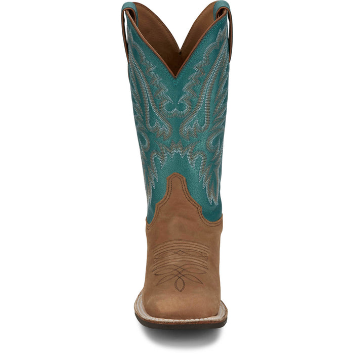 Justin Womens Shay 11in Western Tan/Turquoise Leather Bent Rail Cowboy Boots