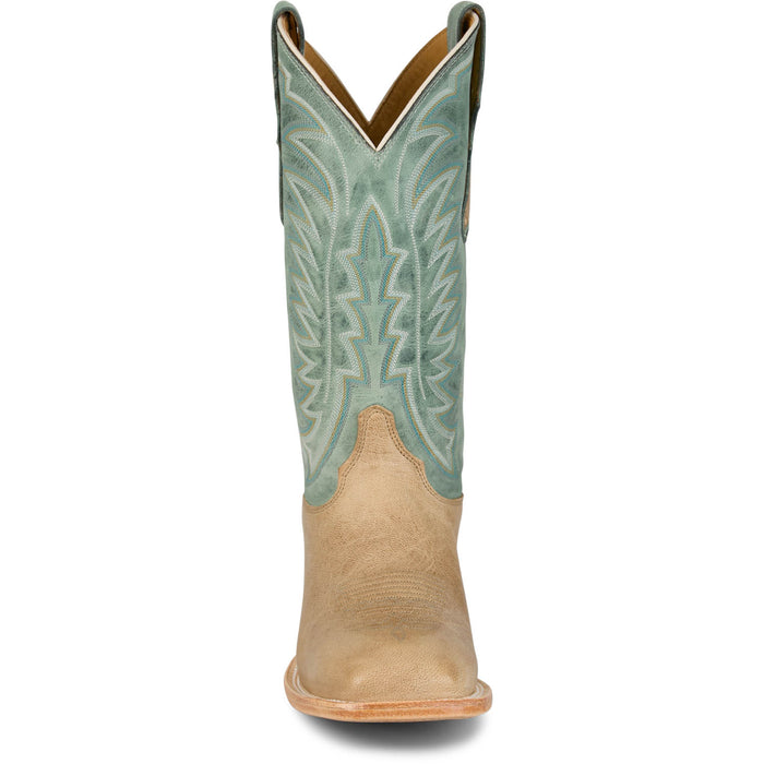 Justin Mens Burchett 13in Western Bone/Aqua Goat Leather CPX Cowboy Boots