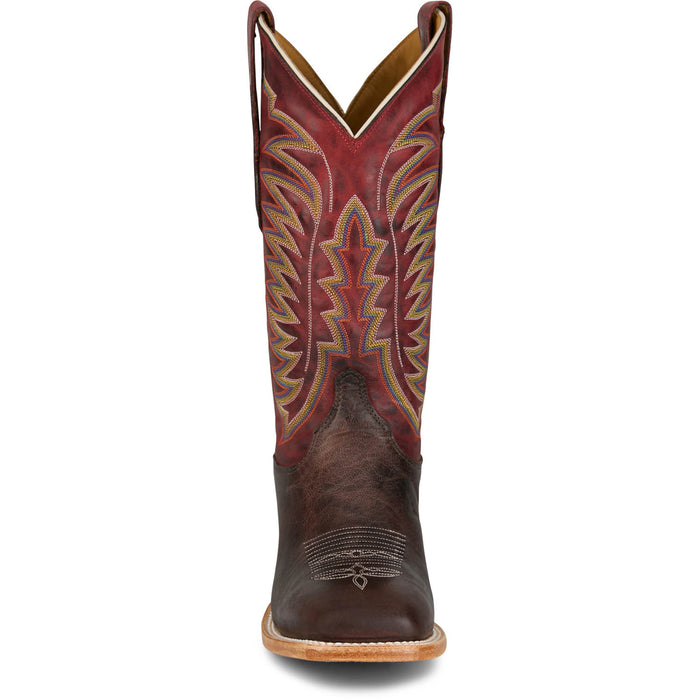 Justin Mens Burchett 13in Western Chocolate/Red Goat Leather CPX Cowboy Boots