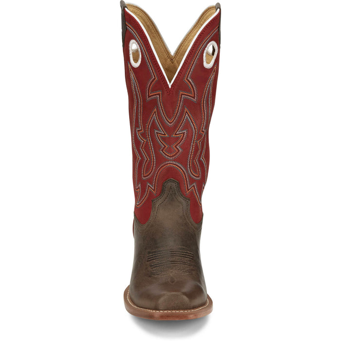 Justin Mens Ante Up 13in Western Hickory/Red Leather Frontier Cowboy Boots
