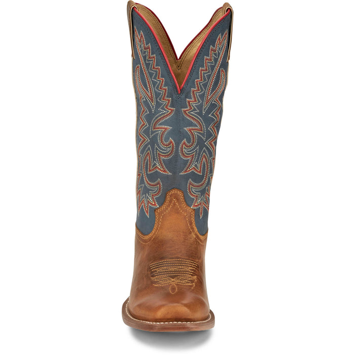 Justin Mens Show Off 13in Western Blue/Oily Tan Leather Frontier Cowboy Boots