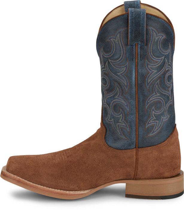 Justin Mens Fergus 11in Roughout Golden Oak/Blue Leather Bent Rail Cowboy Boots