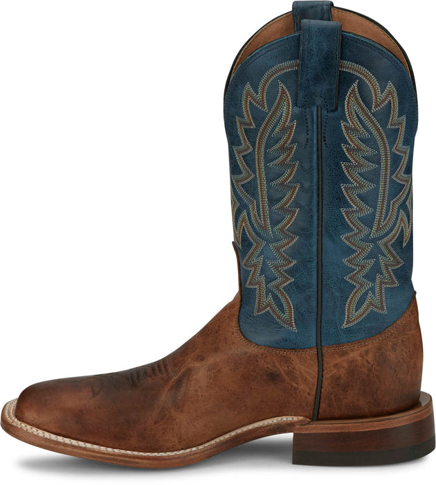 Justin Mens Poston 11in Western Amber/Blue Leather Bent Rail Cowboy Boots