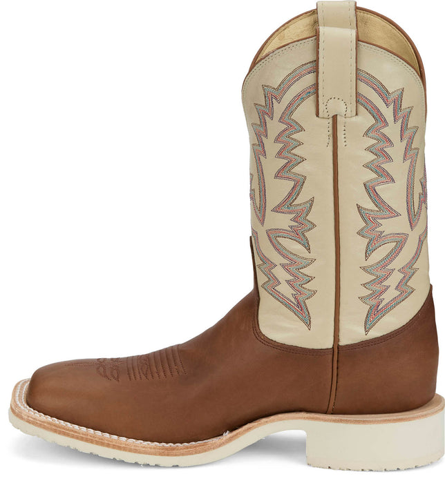 Justin Mens Trainor 11in Western Caramel/Off-White Leather Cowboy Boots